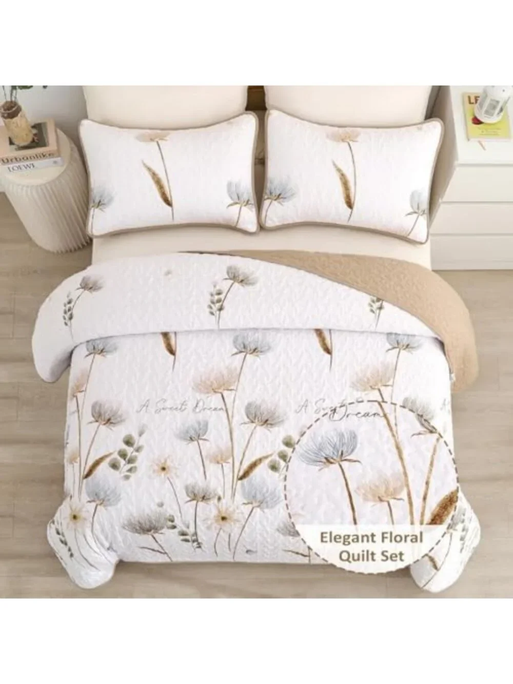 Floral Queen Quilt Bedding Set in Khaki with 2 Pillowcases - Cozy Bedspread